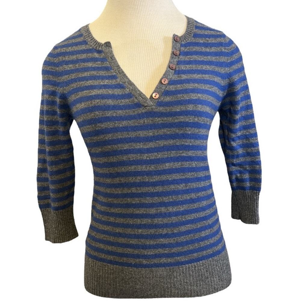 Aqua Cashmere 3/4 Sleeve Pull On Sweater Sz S Blue Gray Stripe Preppy Layering